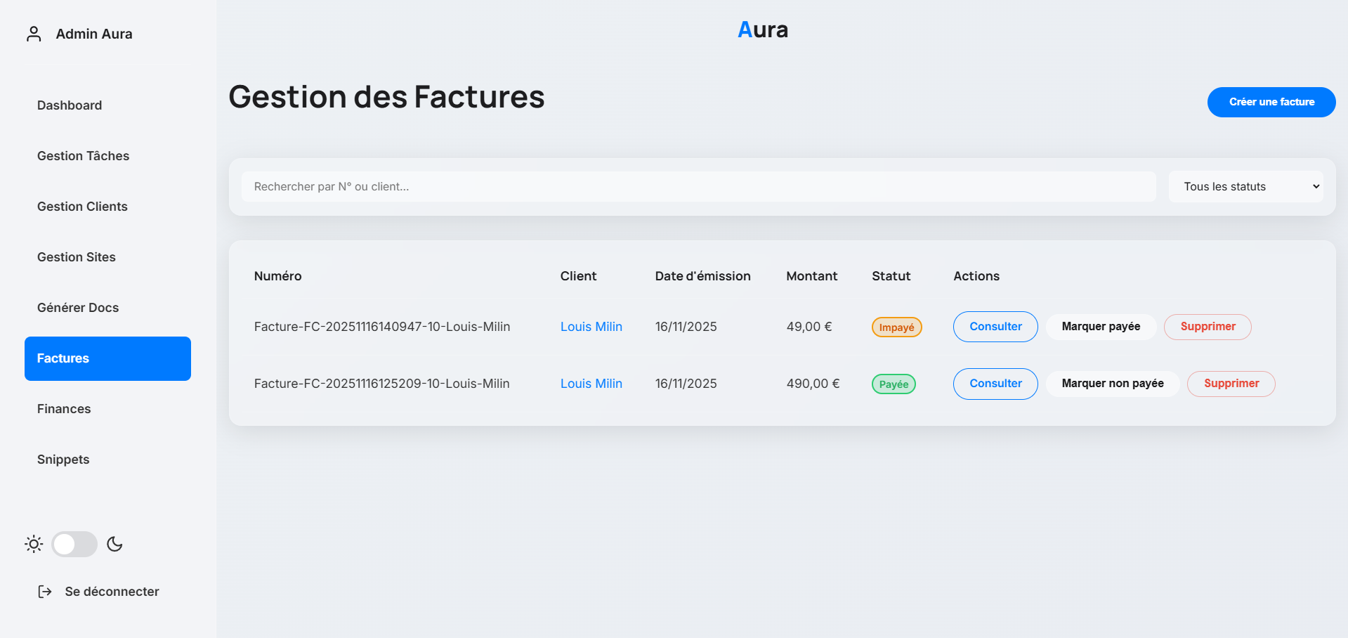 Aperçu de notre portail admin