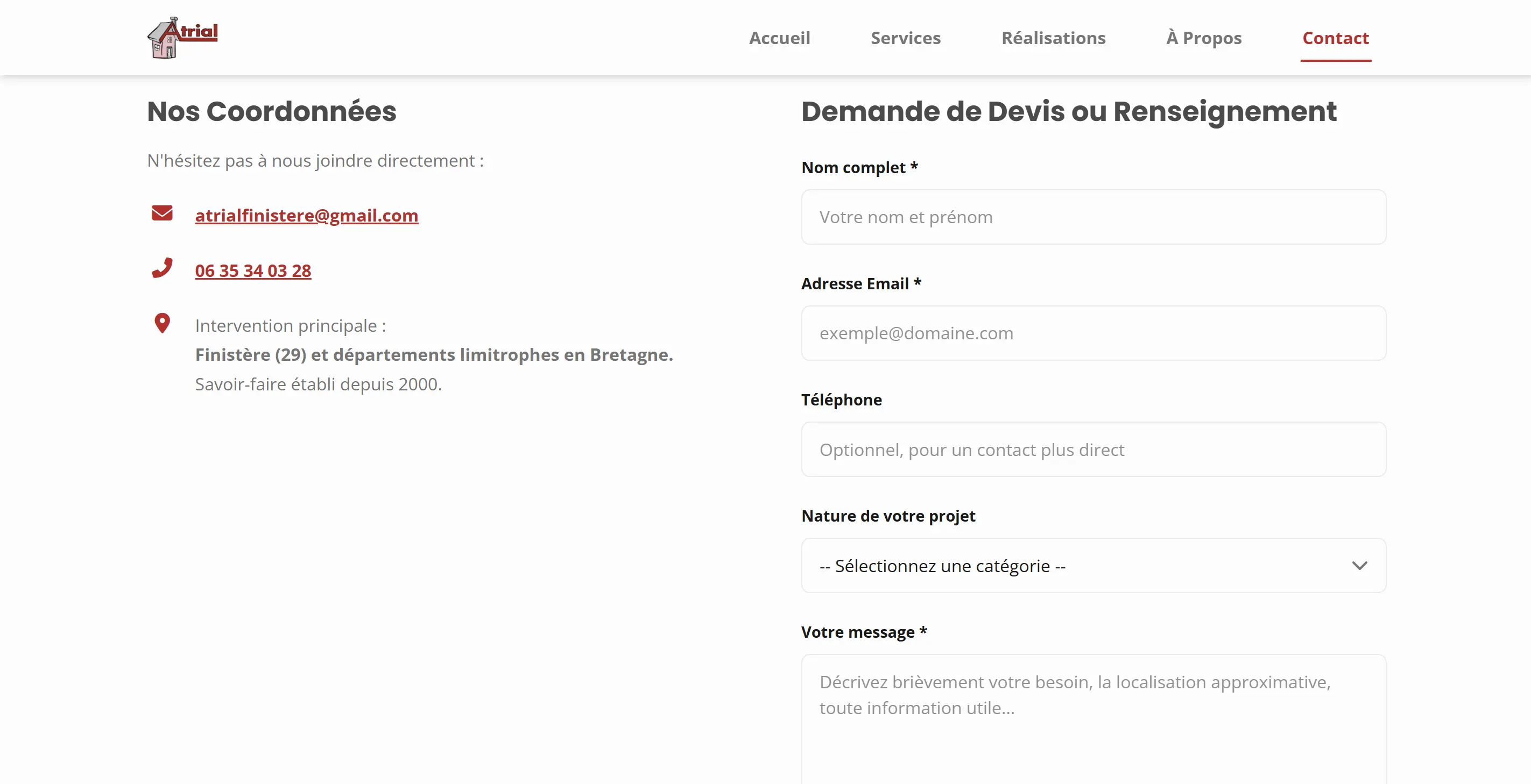 Page de contact de Atrial Rénovation