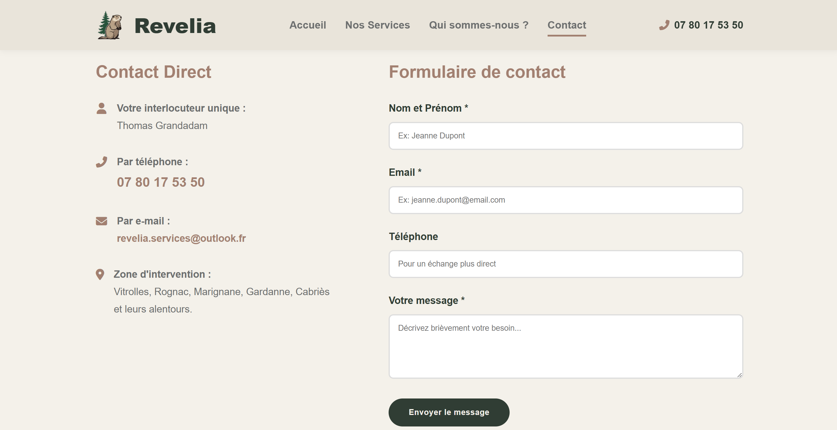 Page de contact de Revelia Solutions
